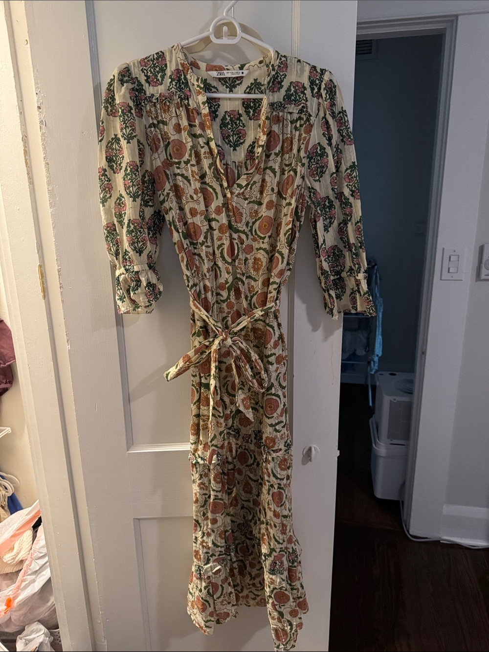 Zara Cream Floral Maxi Dress with Rust and Green Print